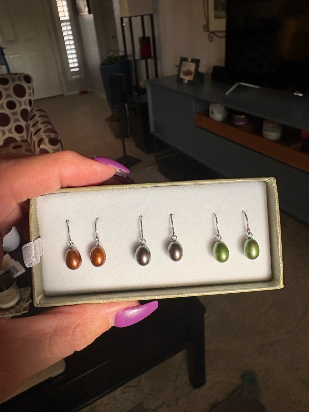 Honora Three-Pair Freshwater Pearl Drop Earring Set - Brown, Gray, Green